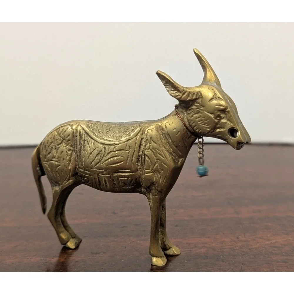 Vintage Brass Donkey Mule Figurine Engraved Saddle Turquoise Bead 5 Inch Decor